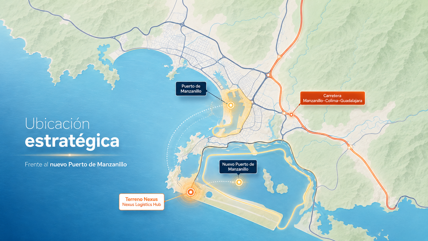 Mapa de ubicación de Nexus Logistics Hub frente al nuevo Puerto de Manzanillo